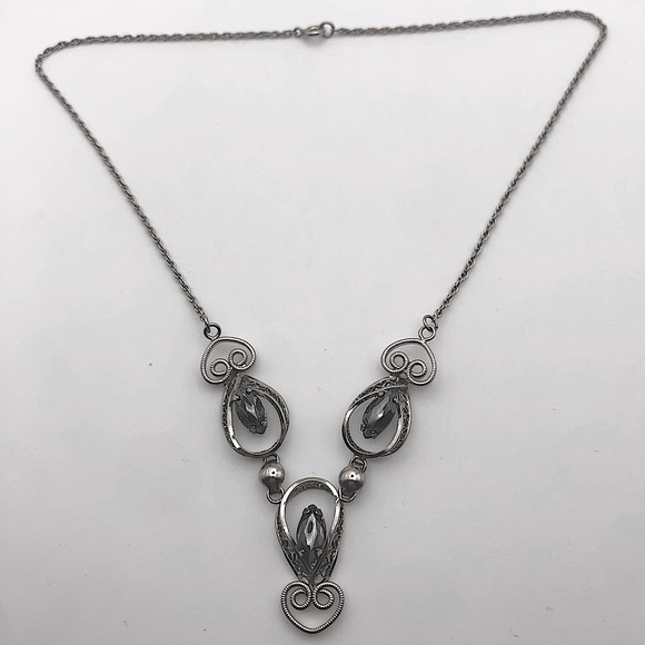 vtg Titan Sterling & Alaskan Black Diamond Marquis Stone Filigree Necklace 17” - Picture 4 of 8